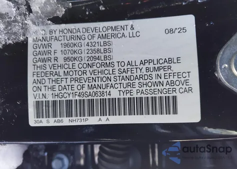 2025 Honda Accord Se from USA, damaged, VIN 1HGCY1F49SA063814